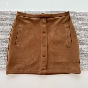 Cognac Brown Faux Suede Snap Front Detail Stretch Mini Skirt